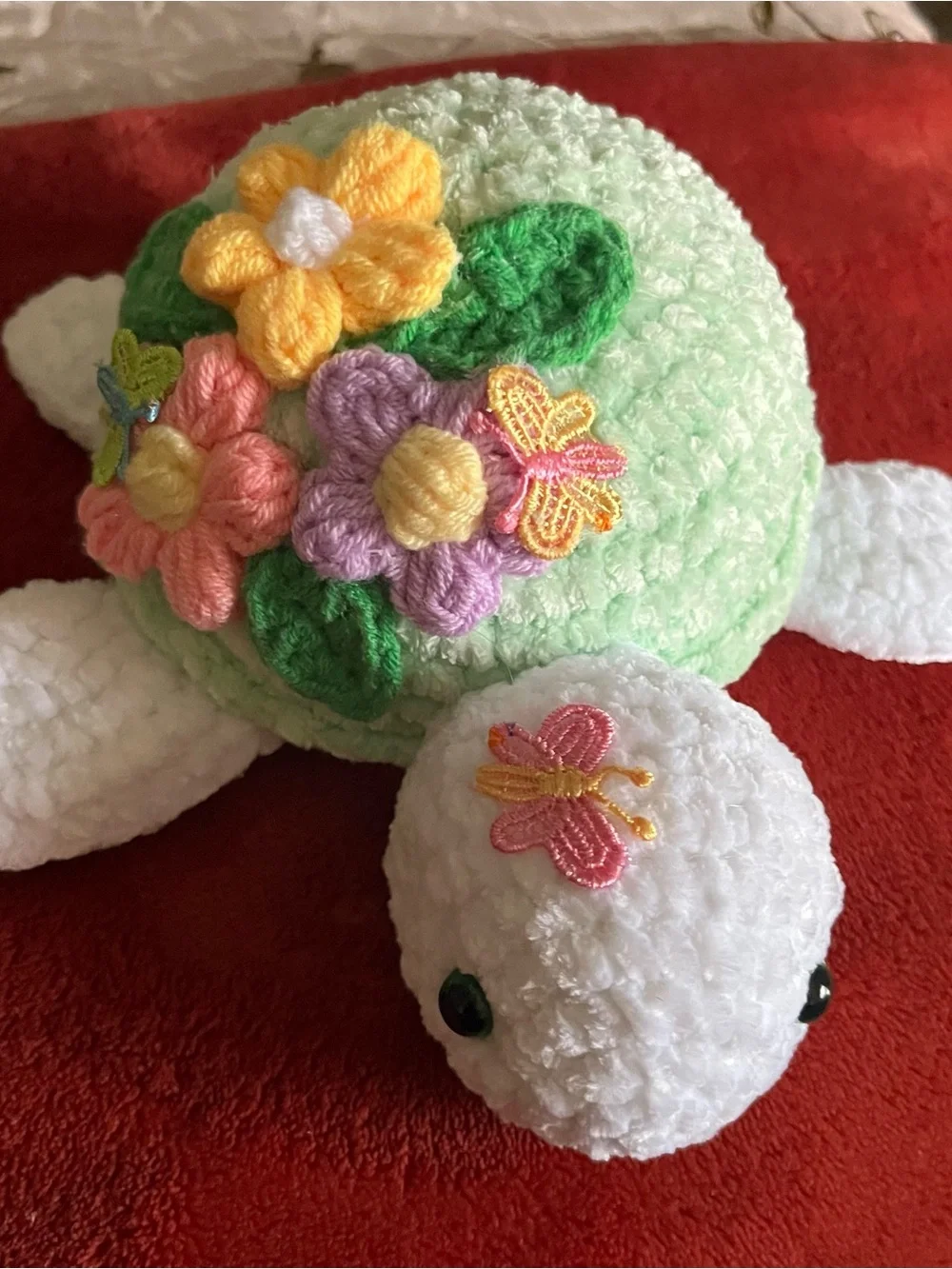 Handmade crochet Plush Turtle Green Shell and Floral Appliqués 9”x8” NWOT